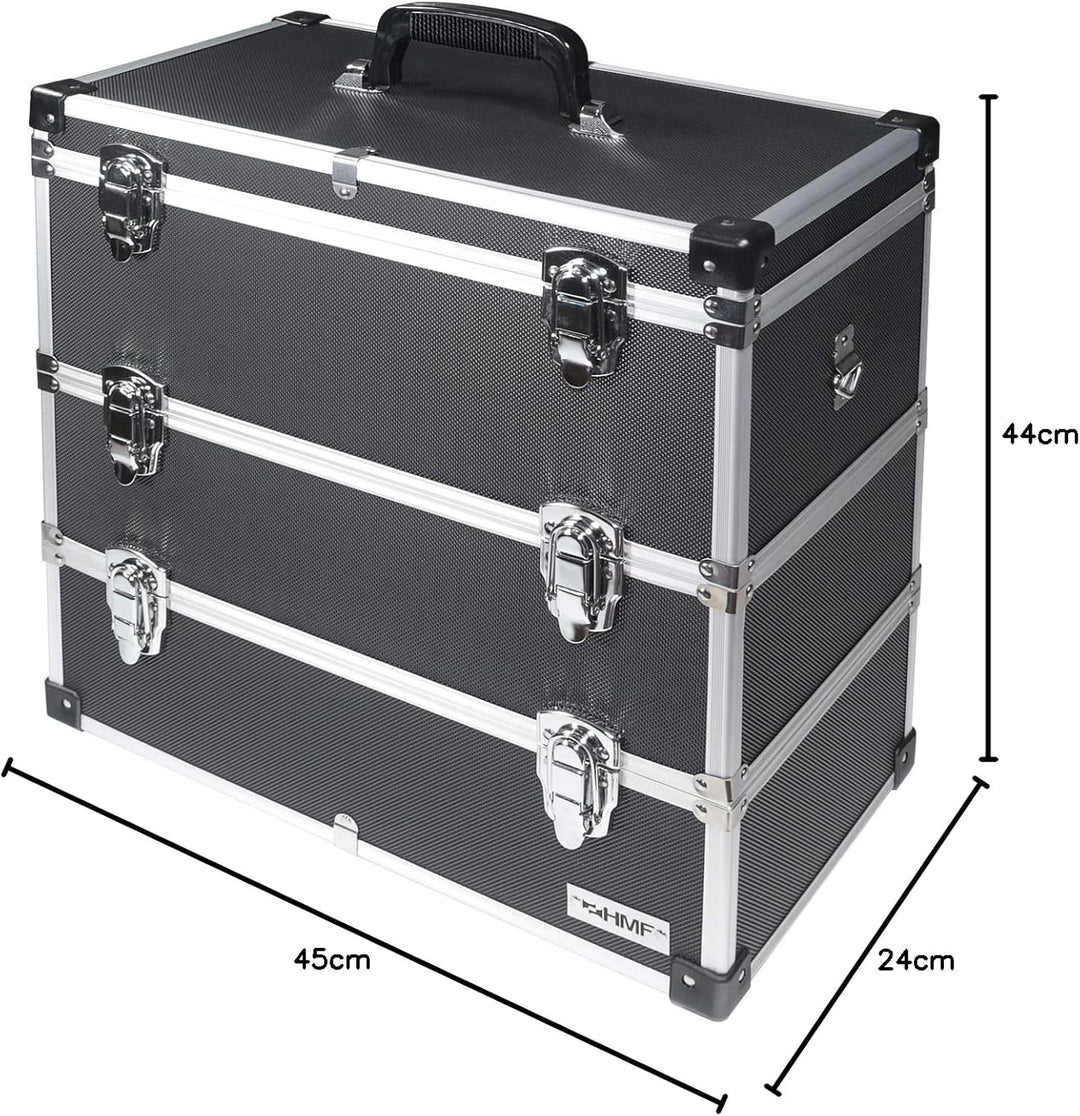 HMF 14661-02 Alu Werkzeugkoffer leer, 3 Etagen, 44 x 45 x 24 cm, schwarz, 3 Etagen