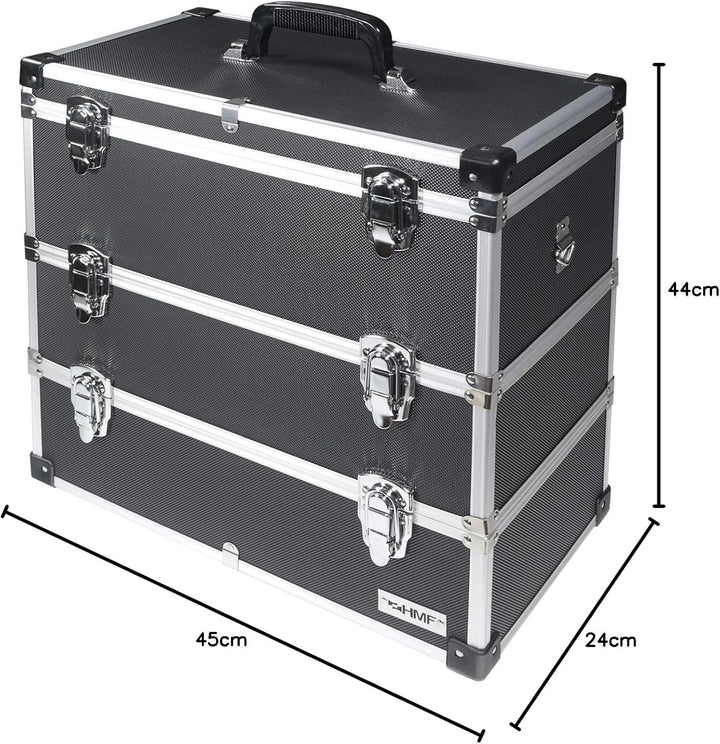 HMF 14661-02 Alu Werkzeugkoffer leer, 3 Etagen, 44 x 45 x 24 cm, schwarz, 3 Etagen