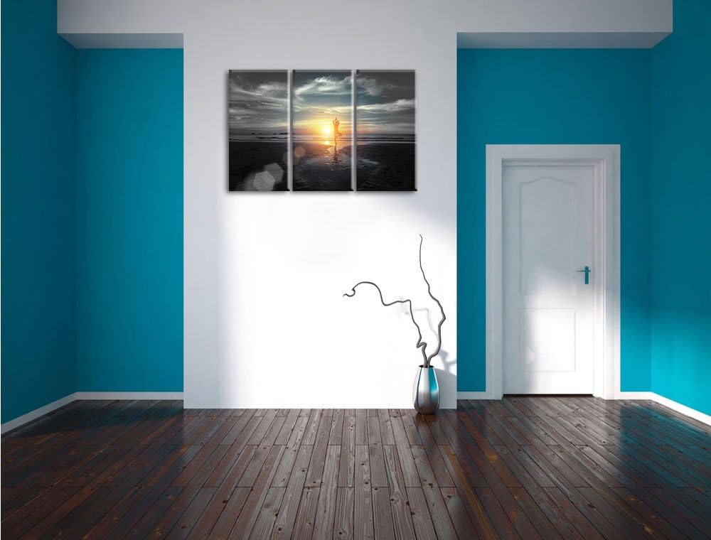 Pixxprint Yoga Silhouette bei Sonnenuntergang am Strand B&W Detail 3-Teiler Leinwandbild 120x80 Bild