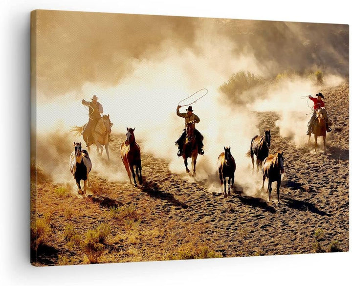 ARTTOR Bilder auf Leinwand Cowboys Pferde Galopp Leinwandbild 70x50cm Wandbilder Dekoration Wohnzimm