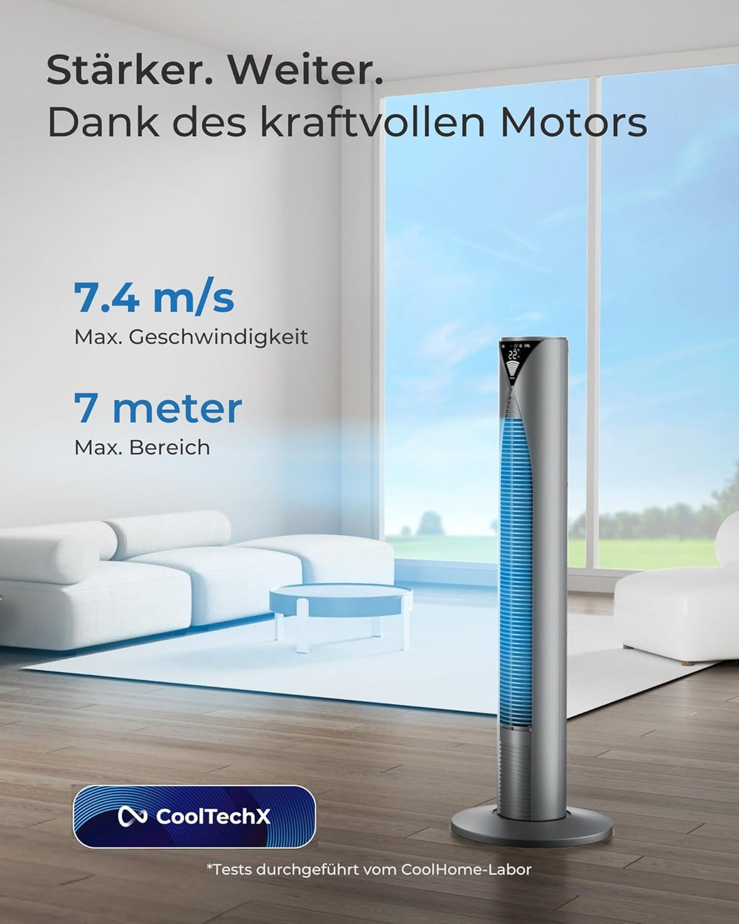CoolHome CF2206 Turmventilator - Ventilator mit Fernbedienung - 96 CM - Dimmbares LED Display - Grau