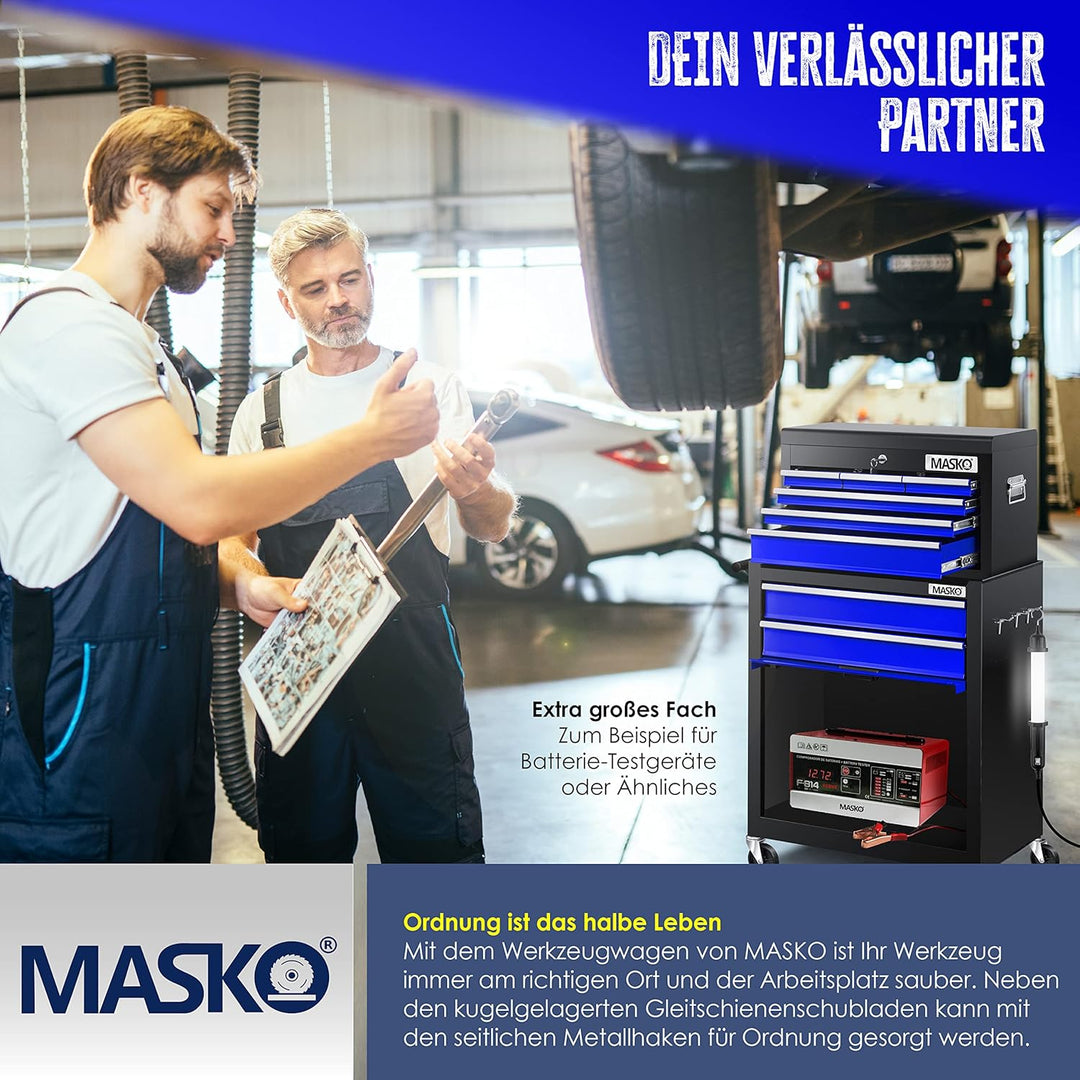 MASKOยฎ Werkstattwagen inkl. Koffer - 9 Fรคcher Abschliessbar | Massives Metall | Mobiler Werkzeug-Wag