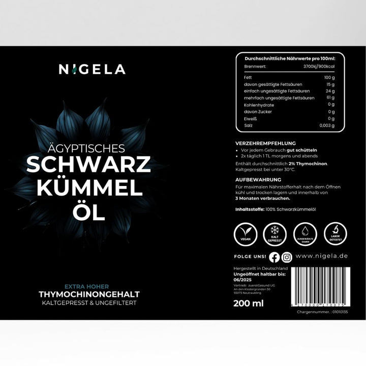 Nigela BIO Schwarzkümmelöl ungefiltert - Hoher Thymochinongehalt in 100% lichtgeschützer Keramikflas