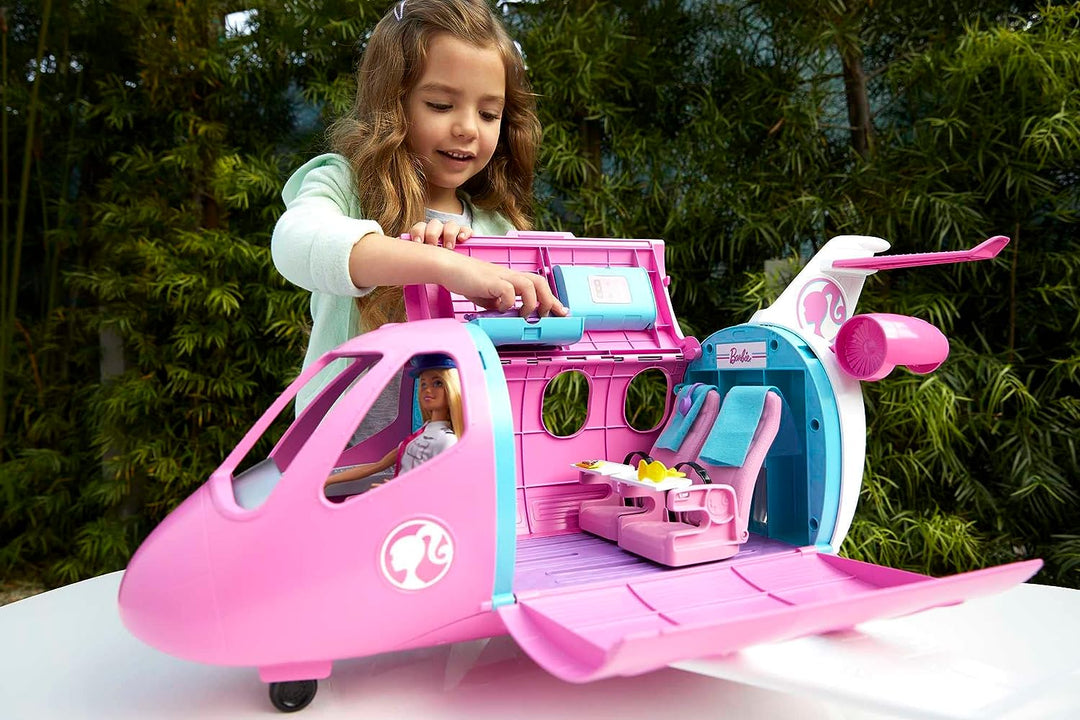Barbie Flugzeug mit Pilotin Barbie Puppe, mit beweglichen Räder und 15x Barbie Zubehör inkl. Haustie