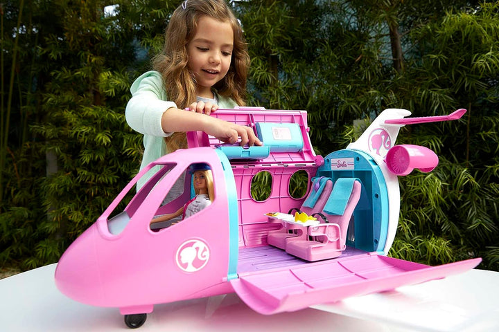 Barbie Flugzeug mit Pilotin Barbie Puppe, mit beweglichen Räder und 15x Barbie Zubehör inkl. Haustie