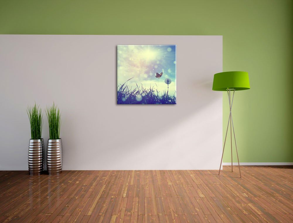 Pixxprint zarter Schmetterling fliegt zu Pusteblume, Format: 70x70 auf Leinwand, 70x70