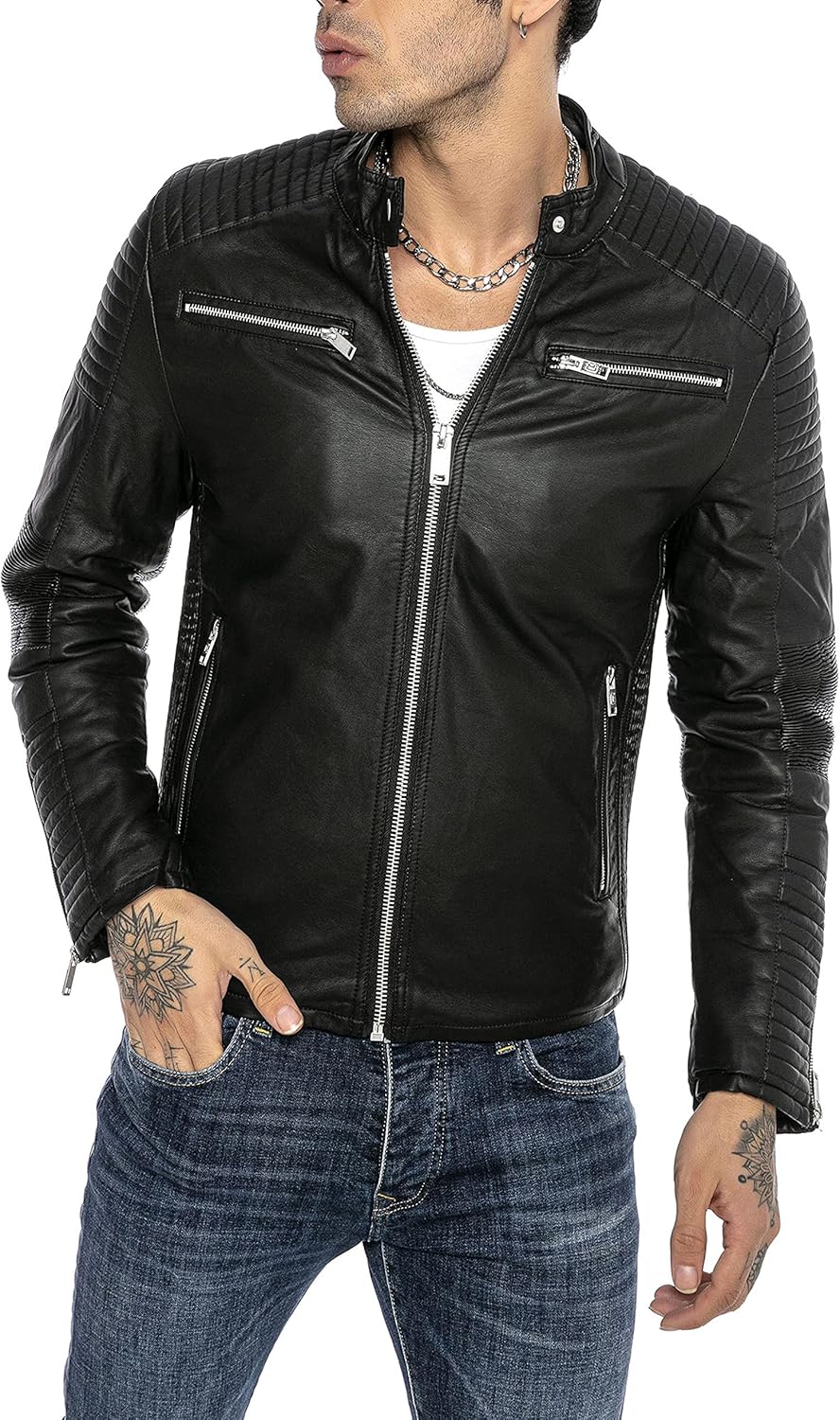 Herren Lederjacke Kunstleder Bikerjacke Übergangsjacke Brooklyn Slim Fit Schwarz M Schwarz, M Schwar