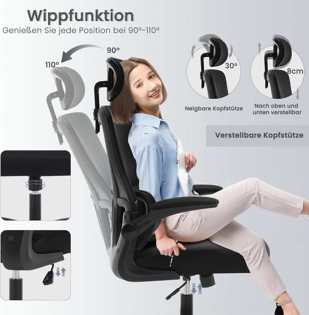 WOLTU Bürostuhl ergonomisch, Schreibtischstuhl Netzstoff, Drehstuhl höhenverstellbar, Schaukelfunkti