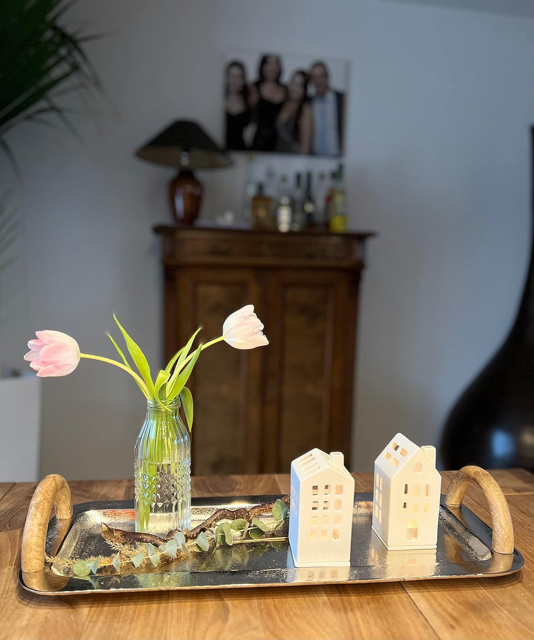 Brandsseller Serviertablett mit Holzgriffen ca. 55 x 23 cm Servierplatte Rechteckig Aluminium-Holz D