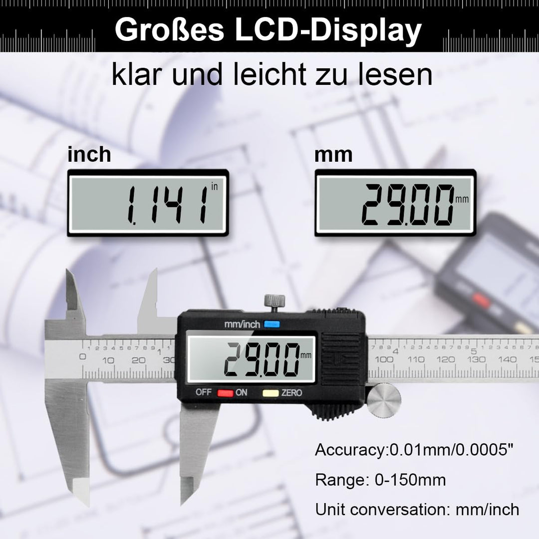 Messschieber Digital, Qfun Edelstahl Schieblehre Messwerkzeuge 150mm Spritzwasserdicht Staubdicht Sc