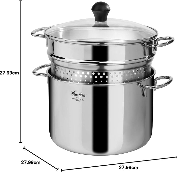 Lagostina Pastaiola aus Edelstahl 18/10 + Deckel aus Glas und Siebkorb, 4,0-5,99 Liter, Silber, 27,9