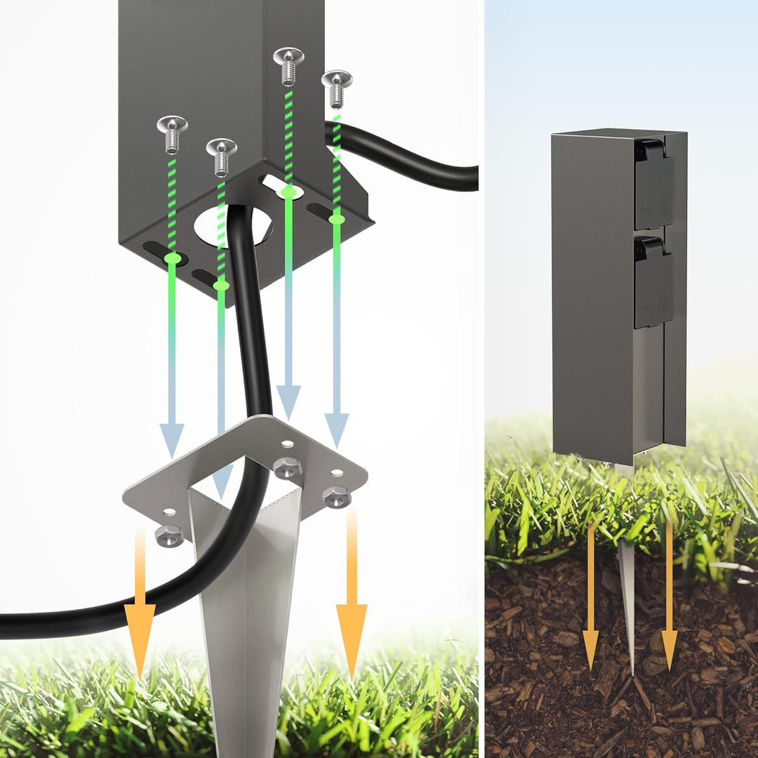 ledscom.de Garten-Steckdosen-Säule POMI mit Erdspiess für aussen, IP44, 2-Fach, anthrazit, eckig, 23