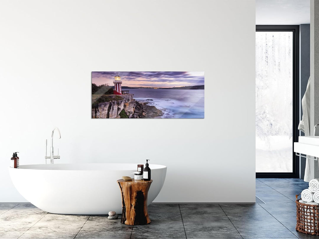 Glasbild Panorama | Wandbild aus Echtglas | Leuchtturm | 100x40 cm | inkl. Aufhängung und Abstandsha
