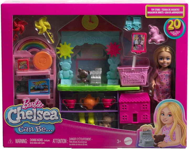 Barbie Chelsea Spielzeuggeschäft-Spielset mit Kleiner Blonder Puppe, Theke und Möbeln zum Ausstellen