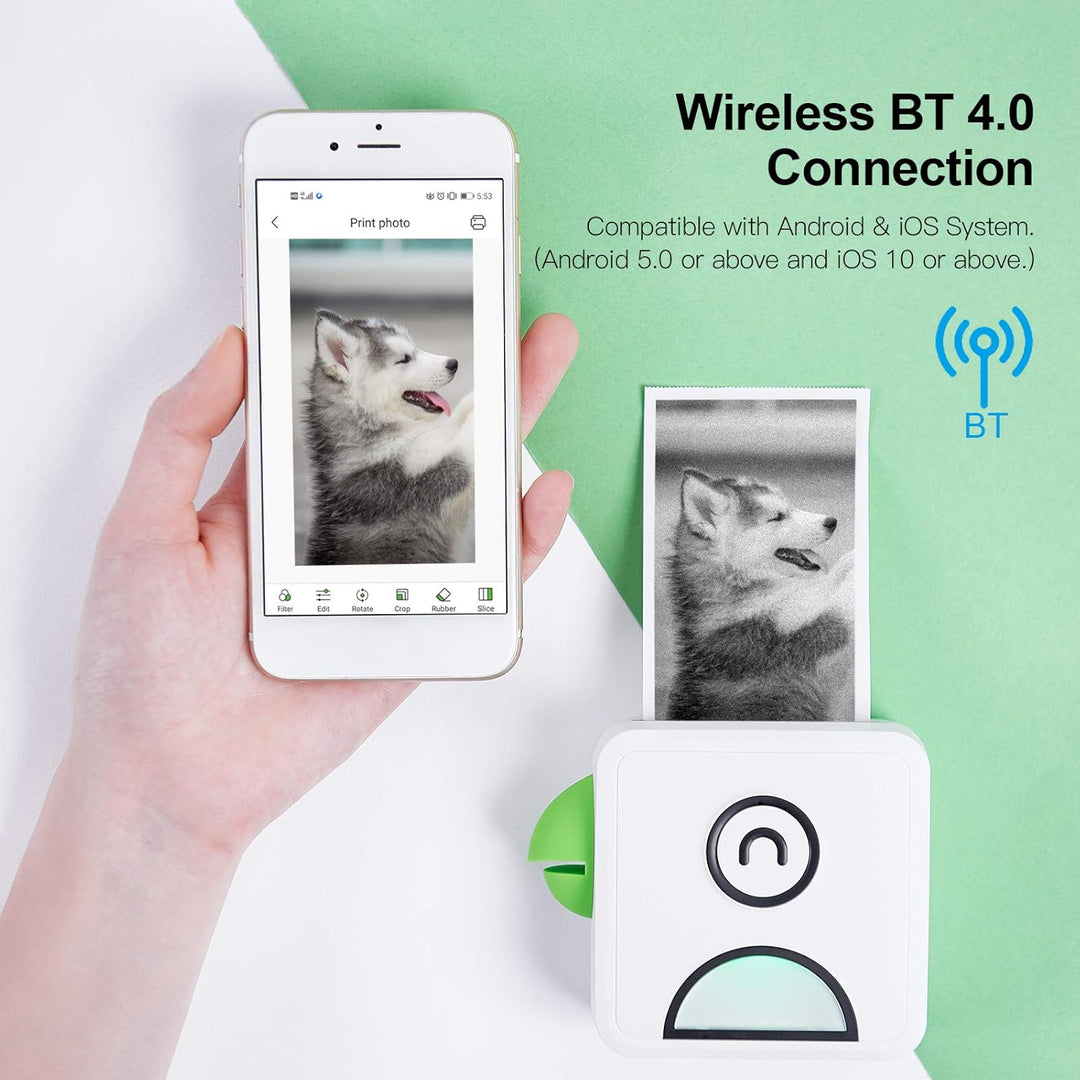 Bisofice Poooli Fotodrucker für Smartphone, Drahtlose BT-Verbindung, 6 Rollen Selbstklebendes Thermo