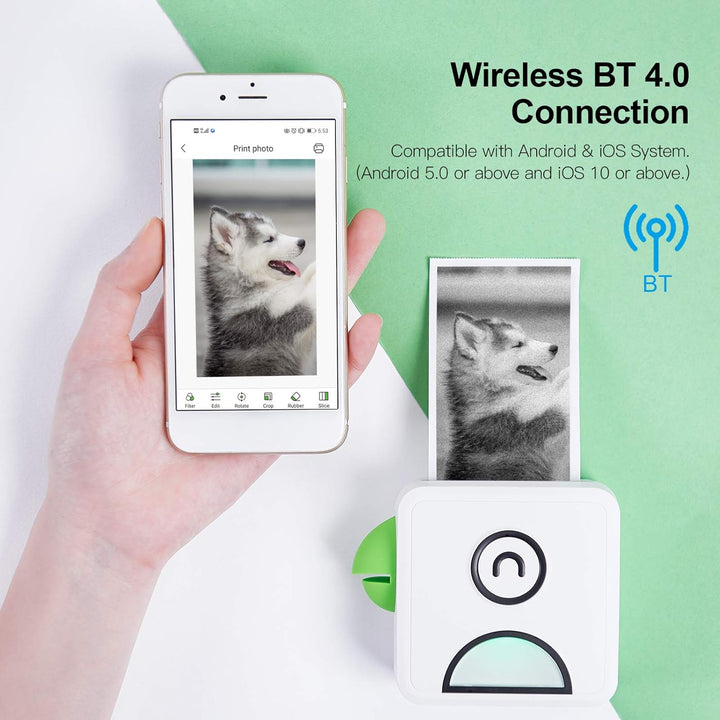 Bisofice Poooli Fotodrucker für Smartphone, Drahtlose BT-Verbindung, 6 Rollen Selbstklebendes Thermo