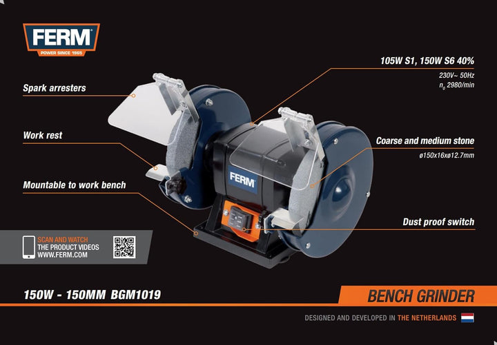 FERM BGM1019 Doppelschleifmaschine 150W - 150mm - Incl. P36 und P60 Schleifsteinen, Schutzbrille und