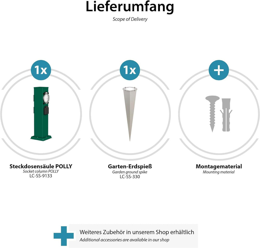 ledscom.de Garten-Steckdosen-Säule Polly mit Erdspiess für aussen, IP44, 3-Fach mit Timer/Zeitschalt