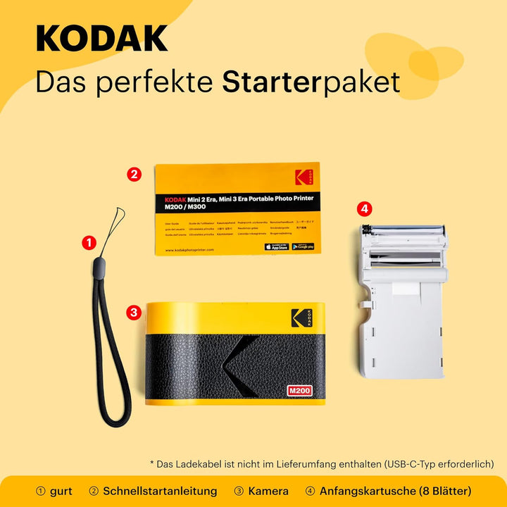 KODAK Mini 2 ERA 4PASS Mobiler Fotodrucker (5,3x8,6cm) (Gelb, Fotodrucker + 8 Blatts) Mini 2 Fotodru