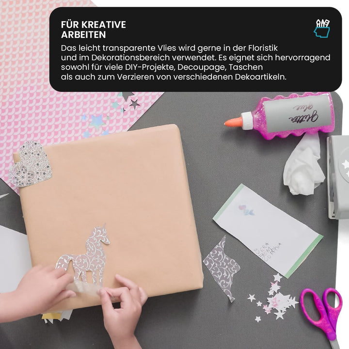 50 Blatt Weiss Deko-Vlies, Blumen in Weiss mit Silber Glitzer , 190x290mm, handgemacht, 40g, orienta