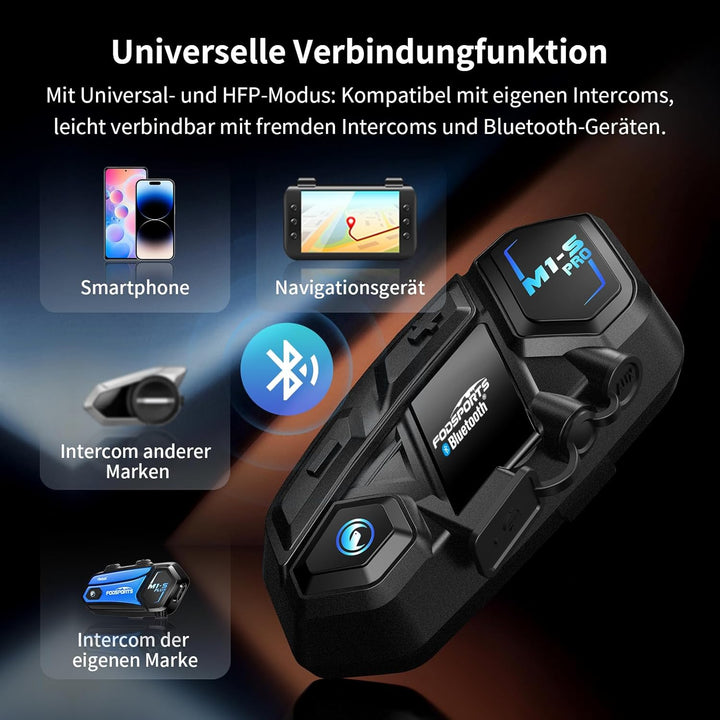 Fodsports M1S PRO Motorrad Headset mit Musikteilen, 8 Motorräder 2000m Helm Intercom, Motorradhelm K