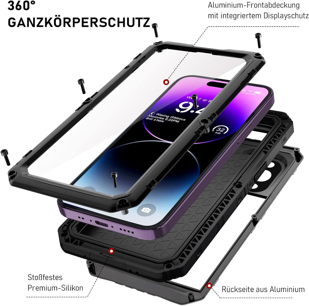Beeasy für iPhone 14 Pro Max Wasserdicht Outdoor Hülle (6,7"), Stossfest Panzerhülle Militär 360 Gra