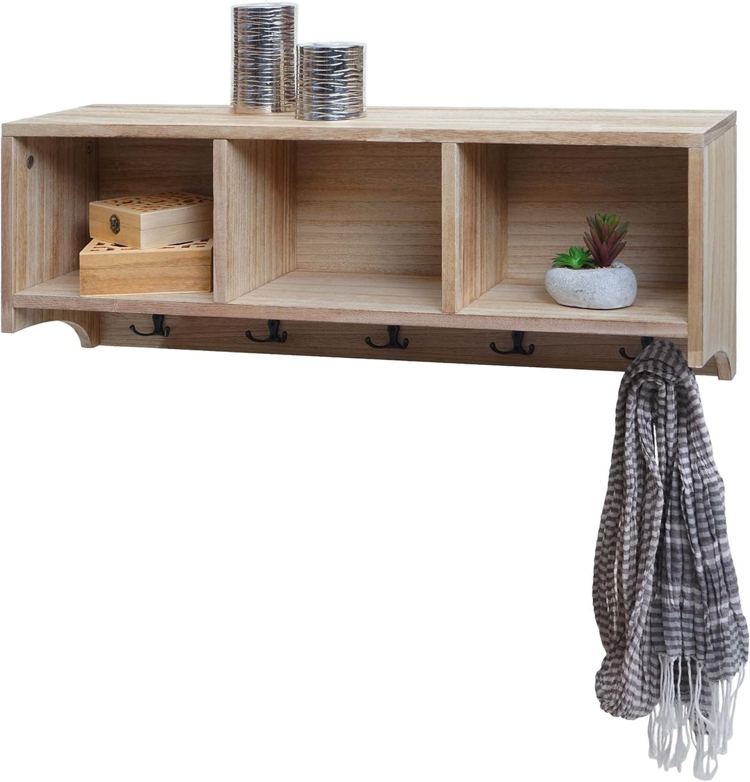 Mendler Wandregal HWC-K49, Garderobe Wandgarderobe Regal, 3 Staufächer 5 Haken 30x80x20cm Holz - nat