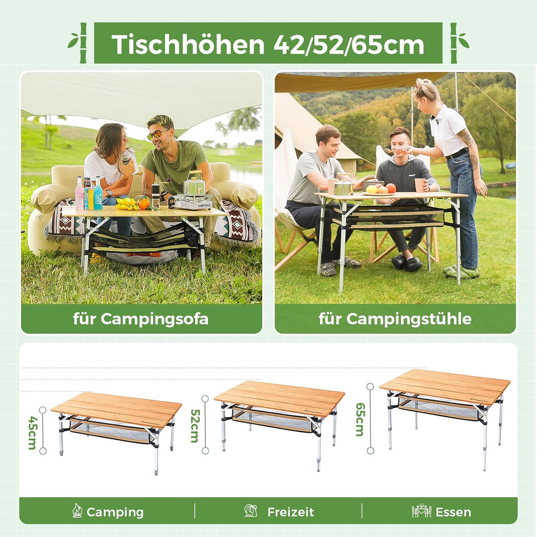 KingCamp Falten Bambus Campingtisch Klapptisch Verstellbare Höhe Aluminiumrahmen für Outdoor Camping