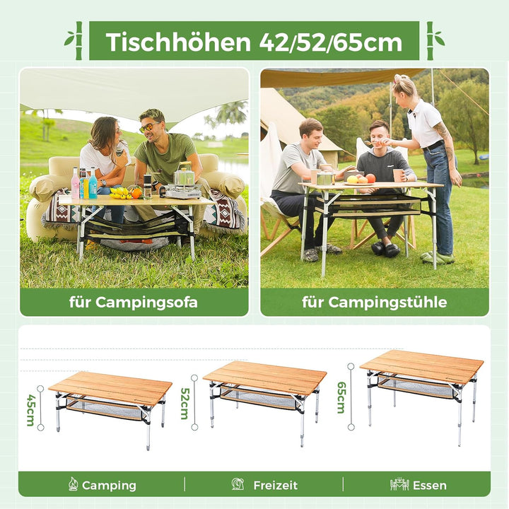 KingCamp Falten Bambus Campingtisch Klapptisch Verstellbare Höhe Aluminiumrahmen für Outdoor Camping
