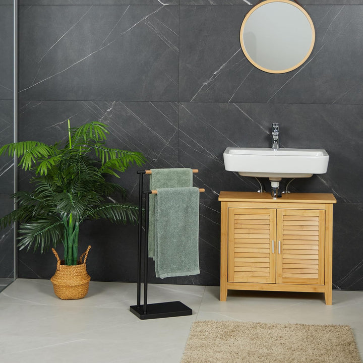 Relaxdays Handtuchhalter stehend, Handtuchständer mit 2 Stangen, für Hand- & Badetücher, Edelstahl,