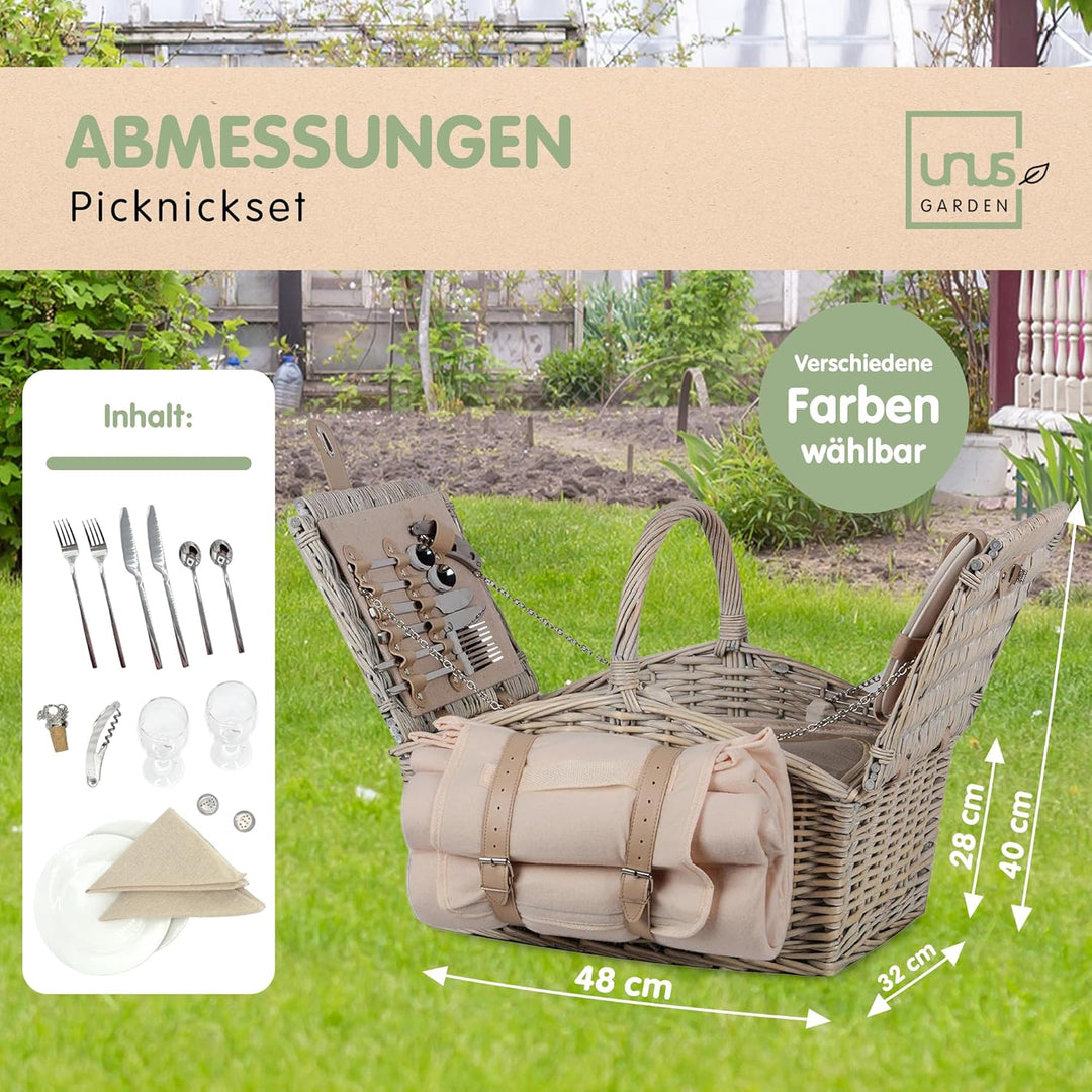 Nature by Kolibri Picknick Set 2 Personen mit Picknickkorb, Picknickdecke, Besteck und Geschirr