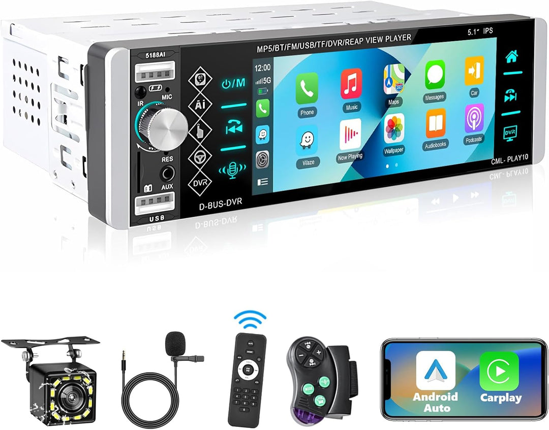Podofo Autoradio 1 Din mit Apple CarPlay, Bluetooth, Android Auto, 5,1 Zoll IPS-Display Autoradio Un