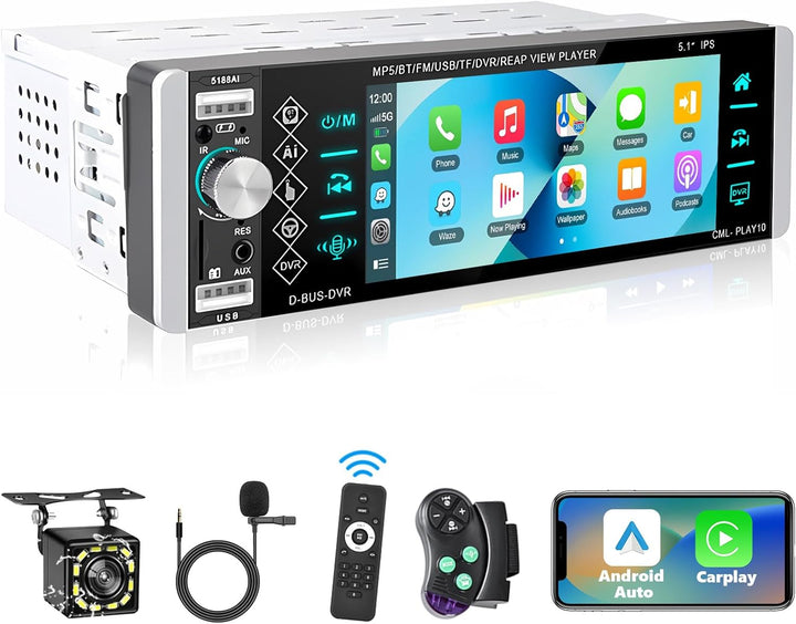 Podofo Autoradio 1 Din mit Apple CarPlay, Bluetooth, Android Auto, 5,1 Zoll IPS-Display Autoradio Un