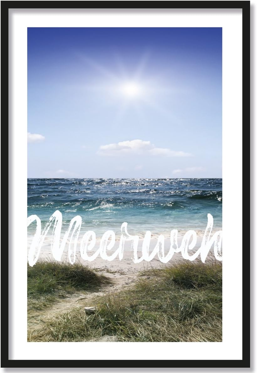 JUNIWORDS Poster mit/ohne Holzrahmen - Wähle ein Motiv - Meerweh - Wähle eine Grösse - 30 x 40 cm (M