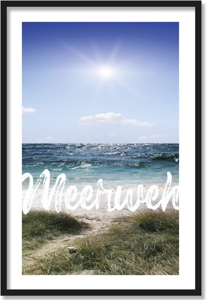 JUNIWORDS Poster mit/ohne Holzrahmen - Wähle ein Motiv - Meerweh - Wähle eine Grösse - 30 x 40 cm (M