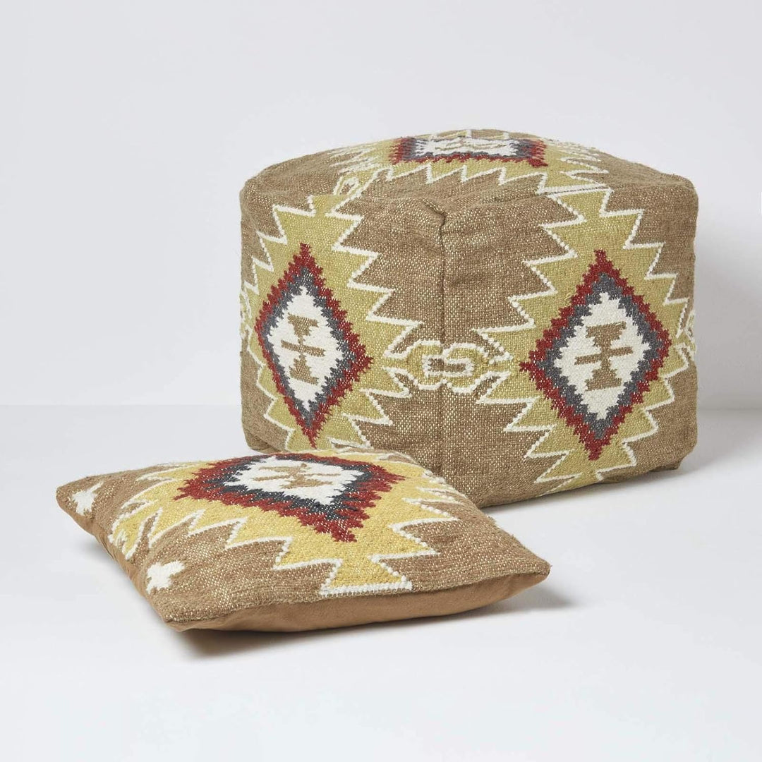 Homescapes Pouf im Boho-Look, braun und orange gemusterter Kelim-Fusshocker Jaipur, buntes Bodenkiss