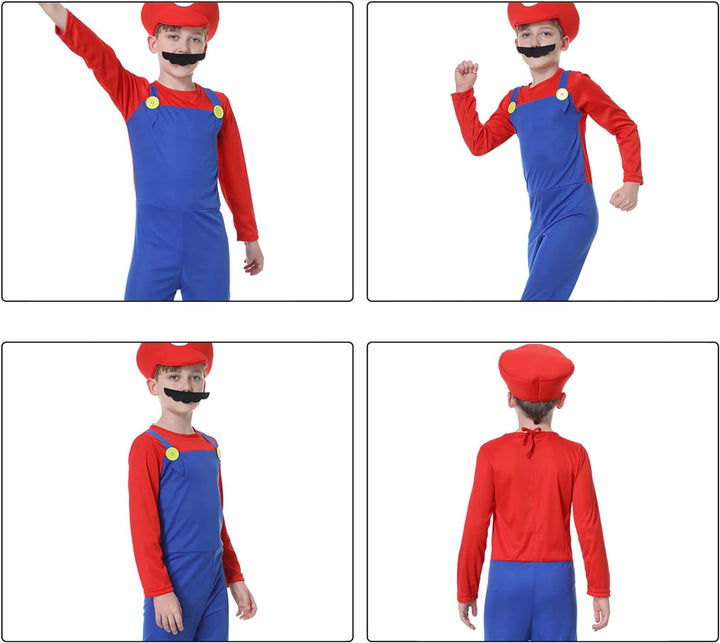 VISVIC Cosplay Kostüm Super Brothers Klempner, Kostüm mit Bodysuit, Cap und Schnurrbart, Karneval Ha