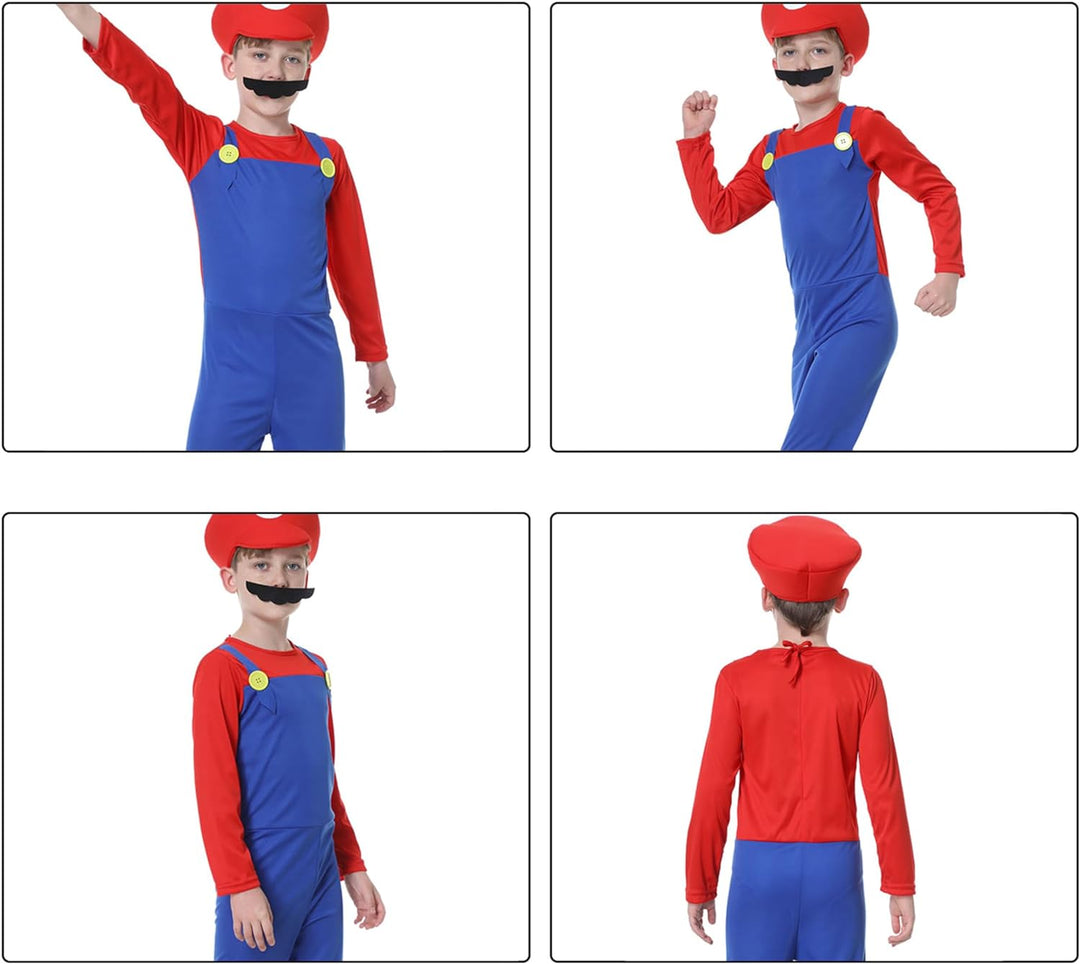 VISVIC Cosplay Kostüm Super Brothers Klempner, Kostüm mit Bodysuit, Cap und Schnurrbart, Karneval Ha