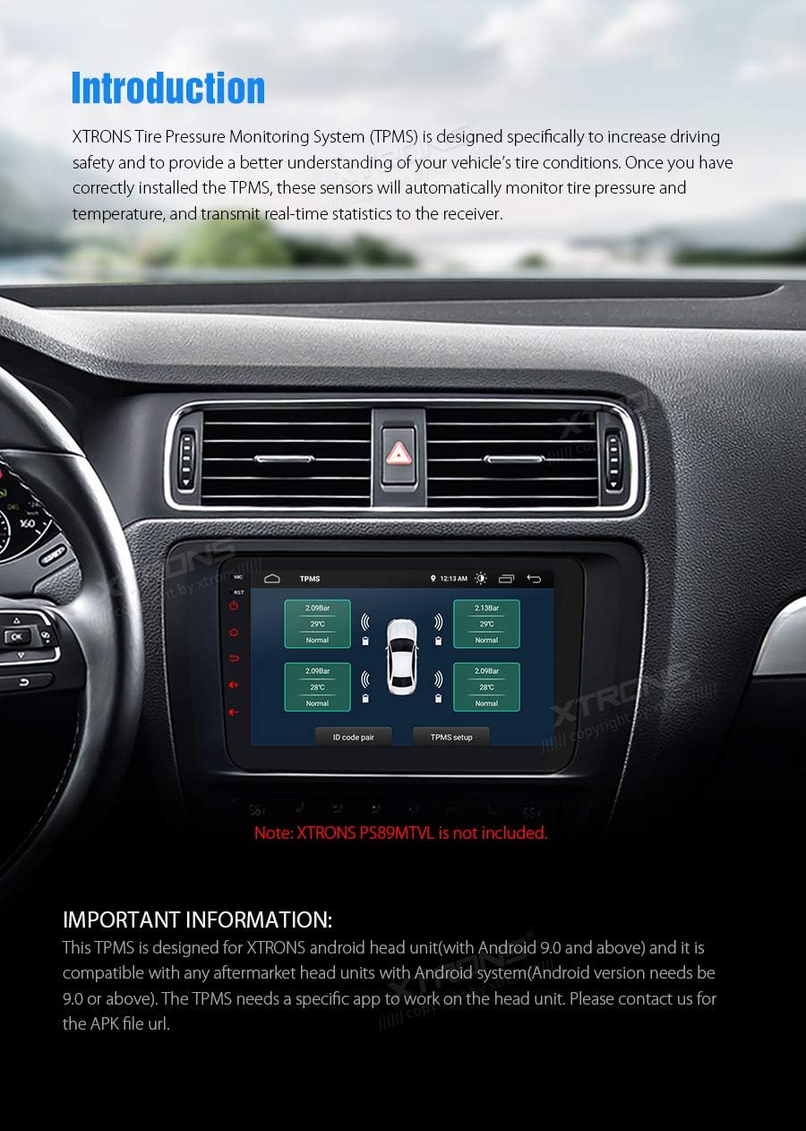 XTRONS TPMS Auto Reifendruck Kontroll Alarmsystem mit 4 Externe Sensoren für XTRONS Android 9.0 Auto