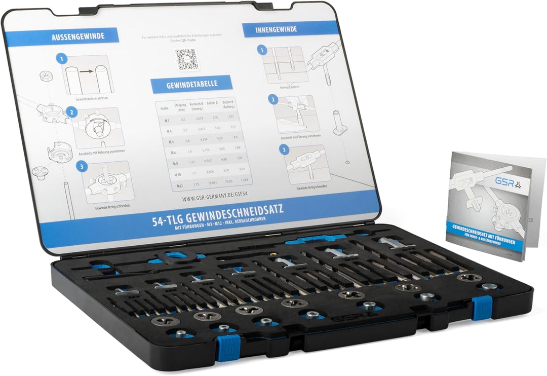 Gewindeschneid-Sortiment M3-M12 HSS, Mit Führungen für Handgewindebohrer und Schneideisen und Kernlo
