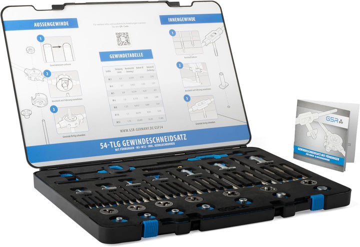 Gewindeschneid-Sortiment M3-M12 HSS, Mit Führungen für Handgewindebohrer und Schneideisen und Kernlo