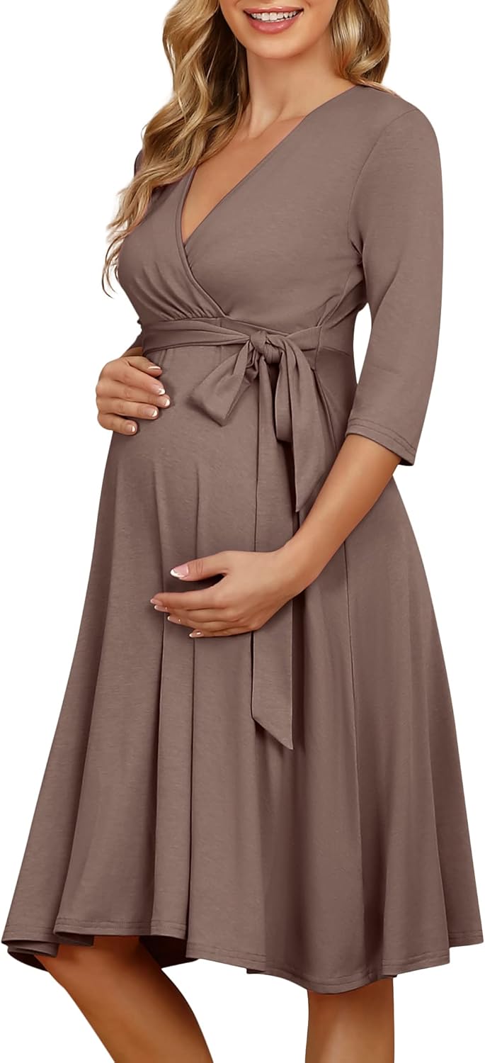 KOJOOIN Damen Umstandskleid Schwangerschafts Kleid für Schwangere Stillkleid V-Ausschnitt Langarm mi