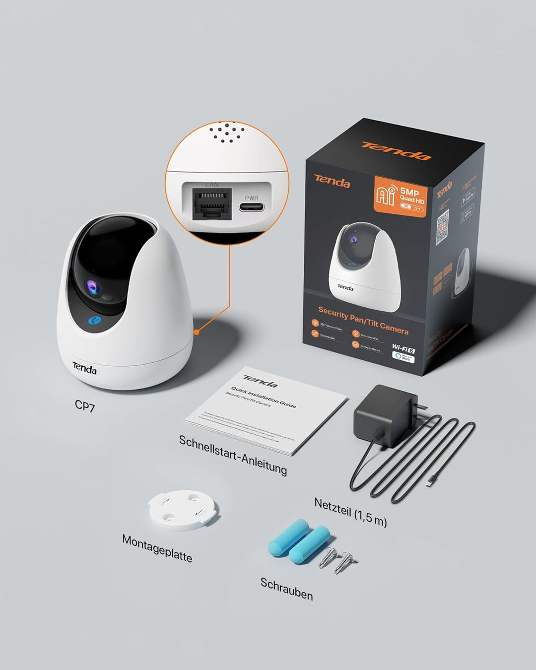 Tenda Überwachungskamera Innen CP3 V2.2, 360 Grad WLAN IP Kamera, 2-Wege-Audio, 1080P, Nachtsicht, T