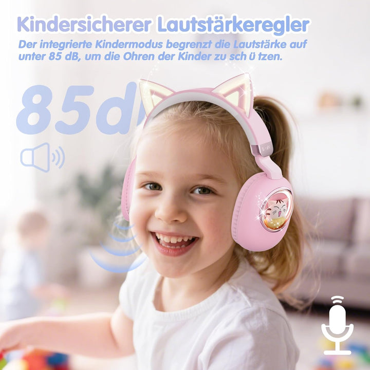 sunvito Kinder Kopfhörer Bluetooth 5.4, LED Beleuchtetes Katzenohr, Faltbarer Over-Ear Kopfhörer mit