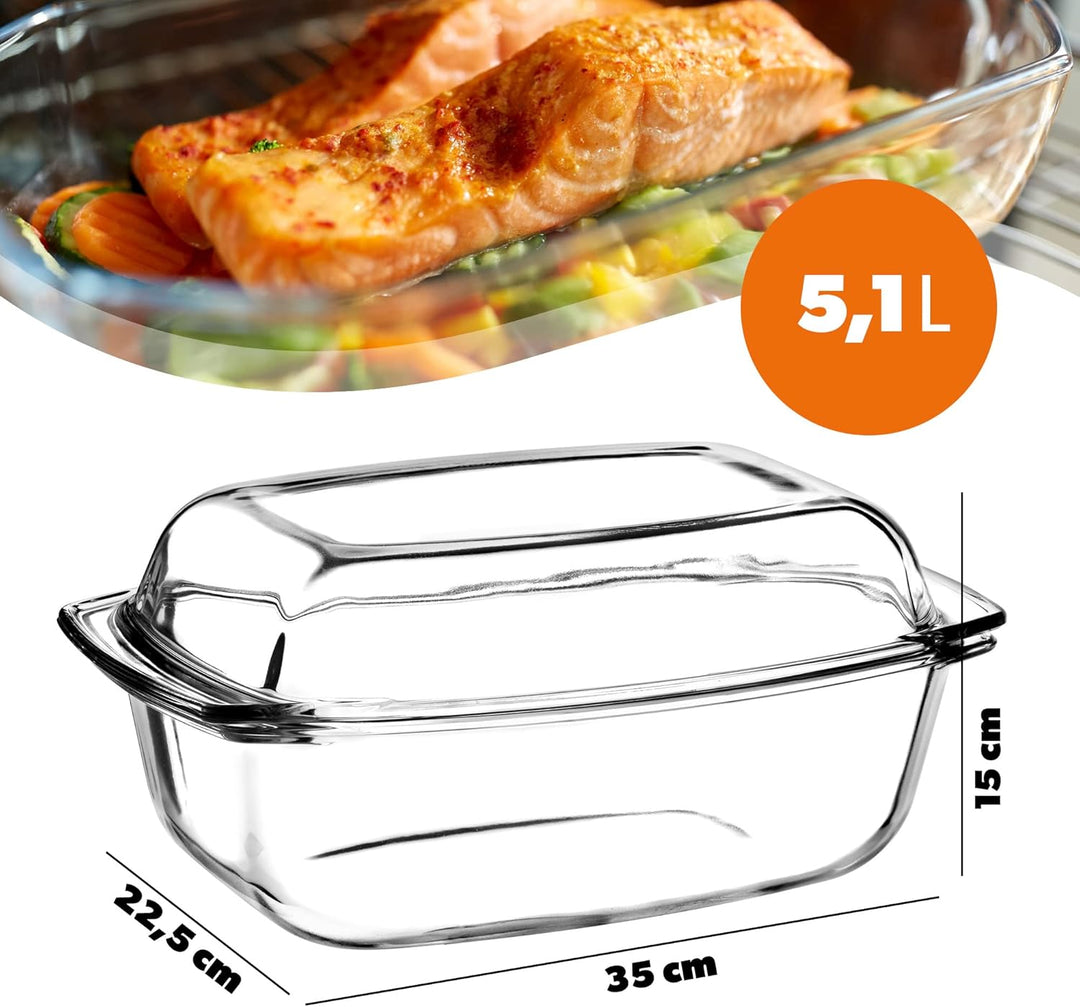 KADAX Auflaufform mit Deckel und Griffen, 5.1L, rechteckiger Glasbräter aus hitzebeständigem Glas, G