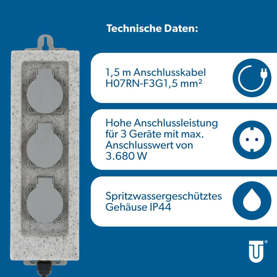 UNITEC Steckdosenverteiler für den Garten in Steinoptik, Gartensteckdose, Aussensteckdose, IP 44, 3