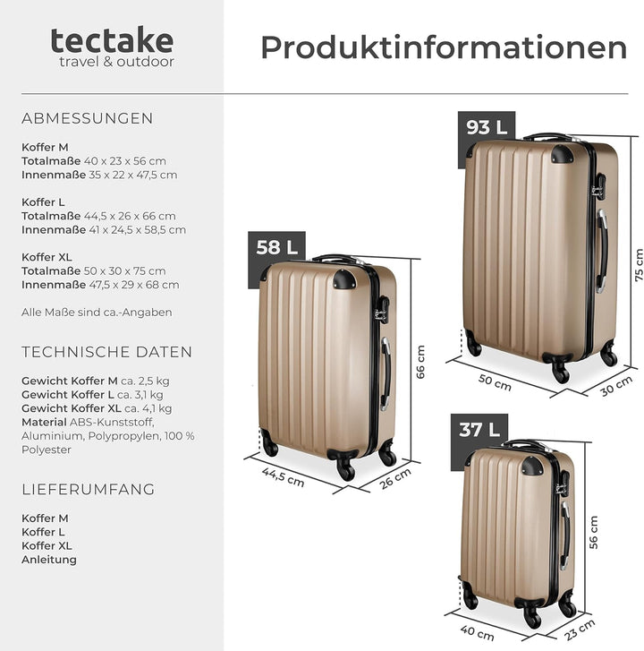 tectake 3 tlg Reisekoffer Set, Hartschalenkoffer Set, Trolley Kofferset, ABS Hartschalen Reisekoffer