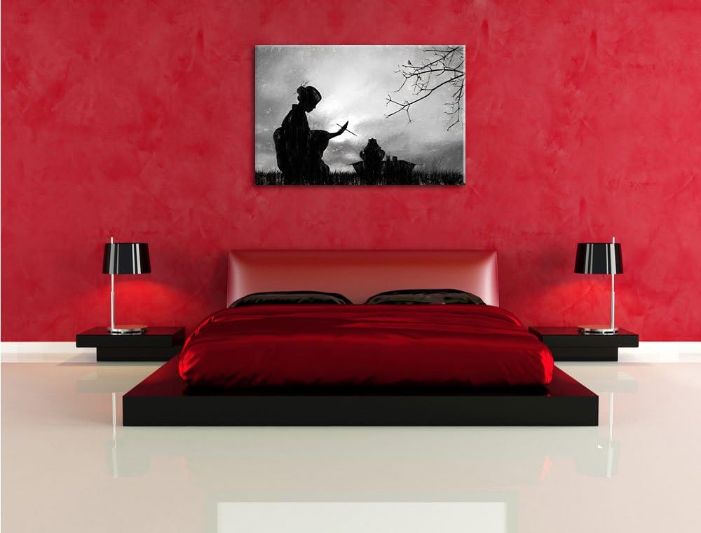 Geisha Kohle Effekt, Format: 100x70 auf Leinwand, XXL riesige Bilder fertig gerahmt mit Keilrahmen,