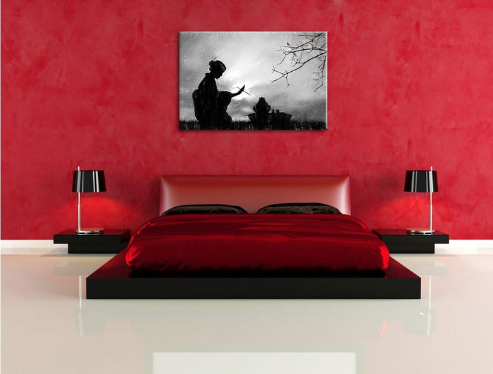 Geisha Kohle Effekt, Format: 100x70 auf Leinwand, XXL riesige Bilder fertig gerahmt mit Keilrahmen,