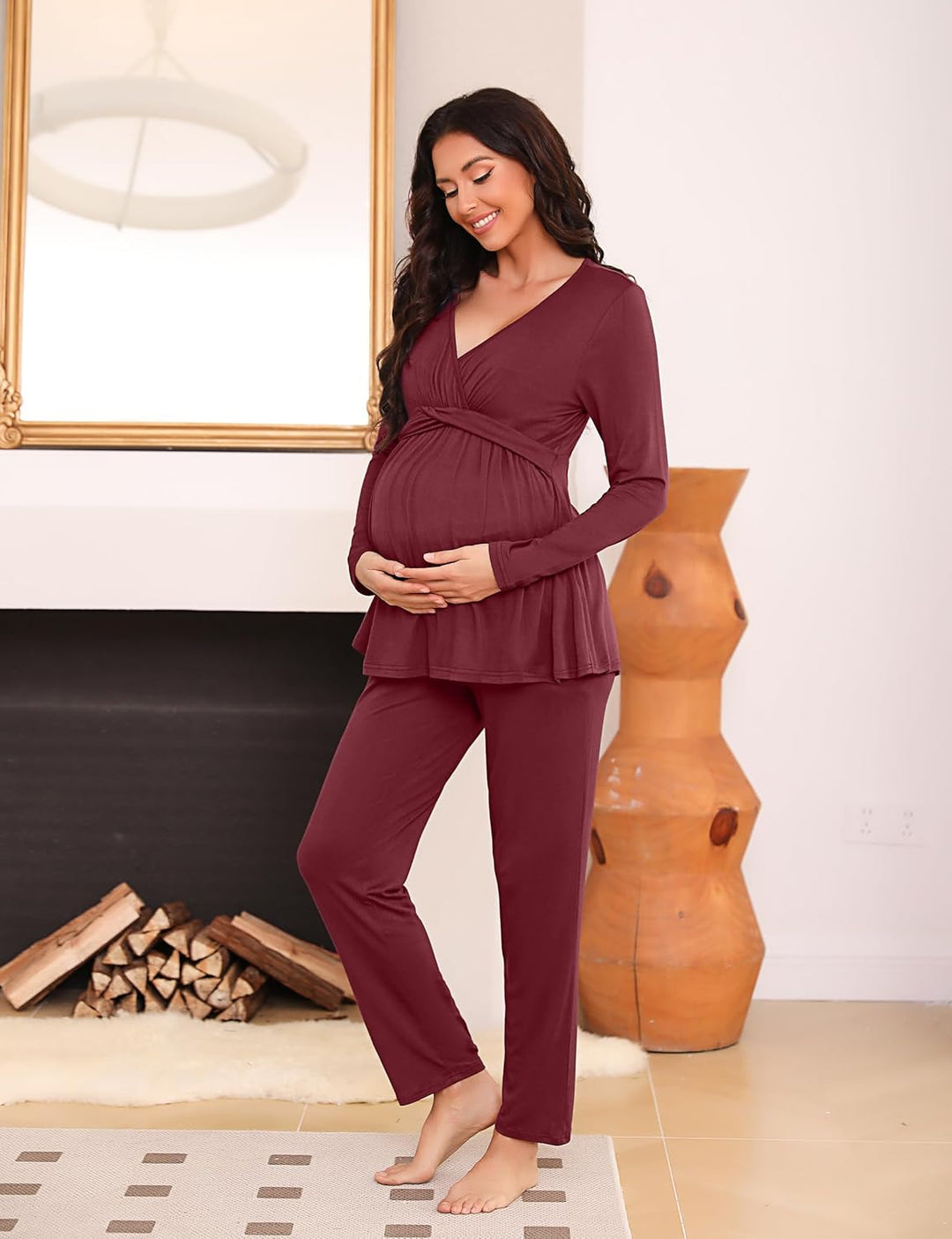 Litherday Stillpyjama Lang Umstandspyjama Langarm Zweifarbiger Baumwolle Stillzeit Nachtwäsche Still